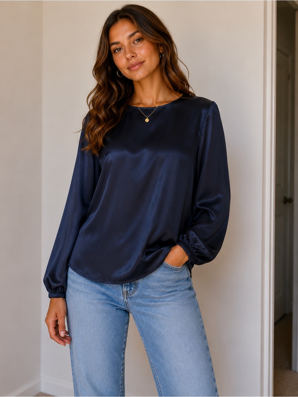 LILYSILK 100% Mulberry Silk Blouse Women’s Small Navy Blue Long Sleeve NWT
